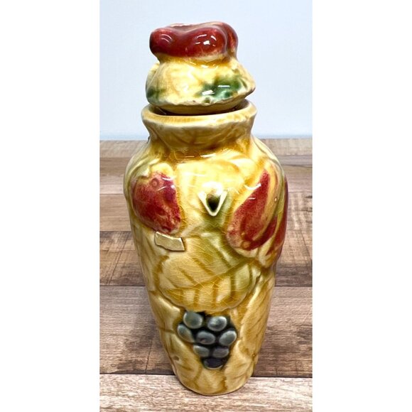 Vintage Hand-Painted Ceramic Oil And Vingar keeper With Handle & Lid Yellow/Red - Picture 2 of 4